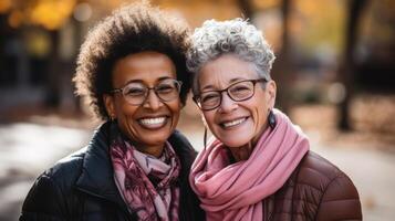 retrato de dos multirracial mayor mujer sonriente a cámara mientras caminando en otoño parque. generativo ai. foto