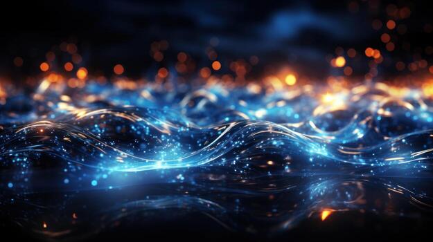 Abstract blue background with glowing lines and bokeh. . photo