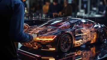 Side view of a man's proect virtuality a modern sports car on a dark background. . photo