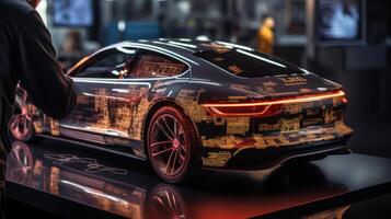 Futuristic concept of virtual and augmented reality use in car industry. . photo