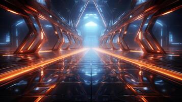 Futuristic scifi tunnel corridor with glowing lights wallpaper background. . photo