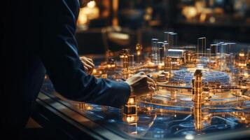 Close-up of engineer working on model of city. Mixed media. . photo
