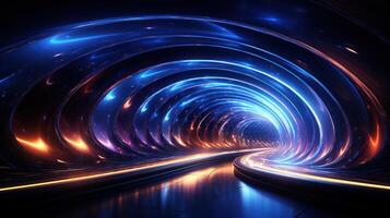 Futuristic tunnel with glowing lights, abstract background. Generative AI. photo