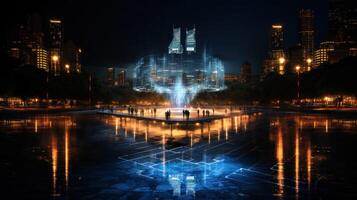 Futuristic city at night with reflection in water. . photo