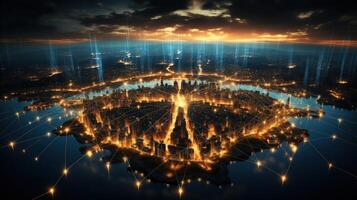 New York city on planet Earth with glowing network. Generative AI. photo