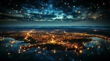 Night view of the city from the top of the mountain technology concept. Generative AI. photo