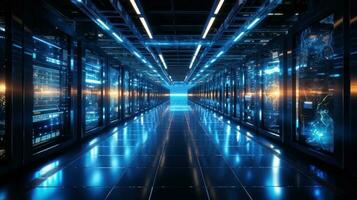 Futuristic server room data center with glowing lights. Generative AI. photo