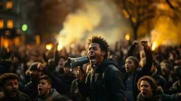 African American young man screaming in megaphone at protest for human rights outdoors in smoke against violence. Generative AI. photo