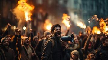 Black man marching with crowd of people with raised fists and fire on background on public demonstrations. Generative AI. photo