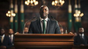 African american politician making a speech at a conference or meeting. Generative AI. photo