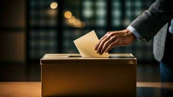 Close-up of businessman putting voting paper in ballot box during elections. Generative AI. photo