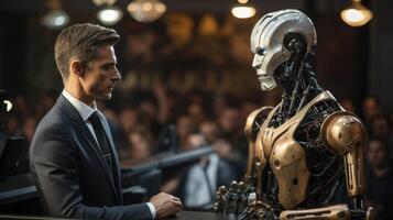 Side view of politics man in a suit and a robot debate on stage. . photo