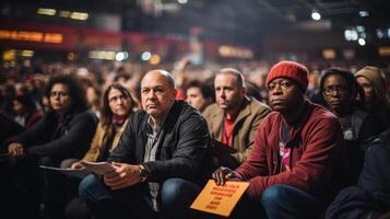 Group of people activists protesting on audience hall indoor. Generative AI. photo