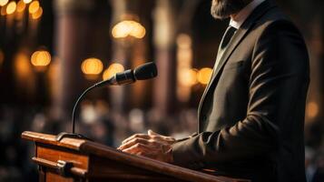 Close-up of a politician man in a suit giving a speech at the conference hall from behind the pulpit. Generative AI. photo