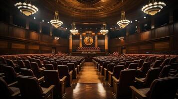 The auditorium with rows of seats, conference hall. Generative AI. photo