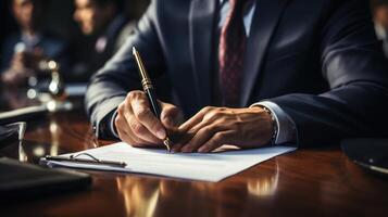 Close up of male politician signing document, sitting by table with his hands over document, during political summit or conference.  Generative AI. photo