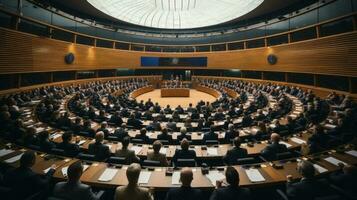 Debating chamber hemicycle during a one day plenary session. Generative AI. photo