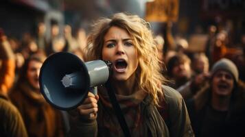 Angry woman shouting into a megaphone in a crowd. Generative AI. photo