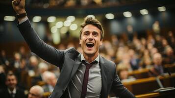 Happy deputy raising his hand in a conference hall room parliament. Decision is made, law enters into force. Deputies voted in favor of the majority. Generative AI. photo