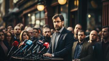 Portrait of beard formally dressed politics man giving a public speech outdoor. Generative AI. photo