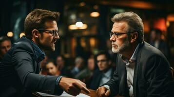 dos política que se discute a reunión aprobatorio su opinión a conferencia o debate con adversario. generativo ai. foto