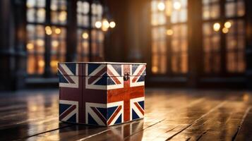 United Kingdom flag on vote box on wooden floor. Generative AI. photo