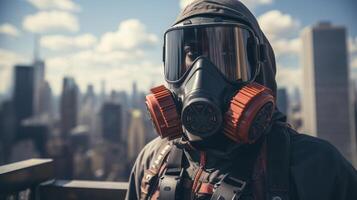 Black man with gas mask on the roof of a skyscraper in post apocalyptic city. Generative AI. photo