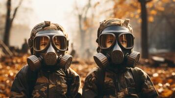 Two kids  in military uniforms and gas masks in after nuclear forest. Generative AI. photo