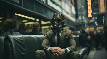 Businessman wearing gas mask sitting in a bus stop in the city. Generative AI. photo