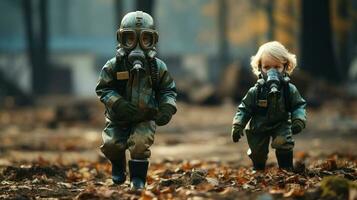 Two little kids in rubber uniform and gas mask in the autumn forest. Post-apocalyptic life. Generative AI. photo