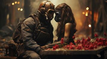 Survivor man and woman in gas mask sitting at table with red flowers in post apocalypse world after nuclear war. Generative AI. photo