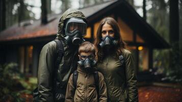 Family with a child in a gas mask on the background of the house. Generative AI. photo