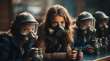 Children in gas masks sitting at school and learn new normal life survival rules. Generative AI. photo