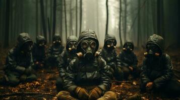 grupo de niños en gas mascaras en el antecedentes de el otoño bosque. generativo ai. foto