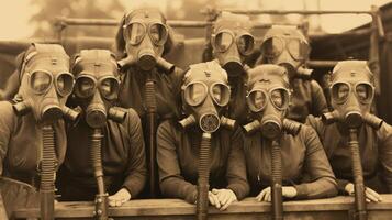 Unidentified people with gas masks, sepia old photo. Generative AI. photo