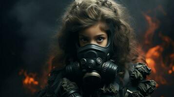 Portrait of a little girl in a gas mask on a dark burning background. Generative AI. photo