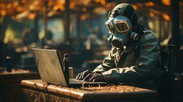 Man in gas mask working on laptop while sitting at post apocalyptic cafe terrace. Generative AI. photo