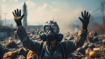 Man in gas mask and respirator with hands up on destroyed city background. Generative AI. photo