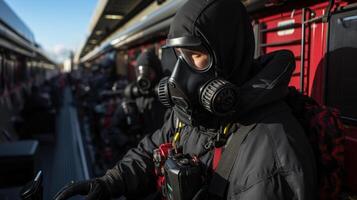 Portrait of a rescue man in a gas mask standing on the platform of station. Generative AI. photo