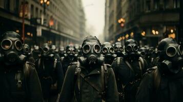 Crowd of people in gas mask, concept of a nuclear strike. Generative AI. photo