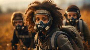 Group of multiethnic kids in gas masks looking at camera in radiation field. . photo