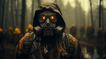 Close-up portrait of a stalker man in a gas mask in destructed apocalyptic forest. Generative AI. photo