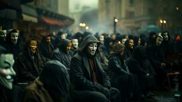 Group of people in anonymous masks sit in Paris, France. Generative AI. photo