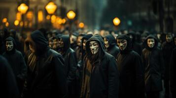 A crowd of unknown anonymous mask people walk in night city. . photo
