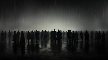 Silhouette of group of people walking in the rain at night. . photo
