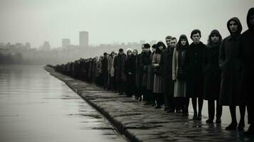 An endless line of people on the embankment of city river. Old vintage black and white photo. Generative AI. photo