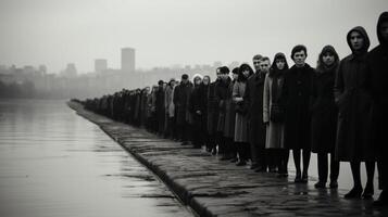 An endless line of people on the embankment of city river. Old vintage black and white photo. . photo