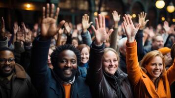 Group of diverse people raising their hands and smiling while standing in a rally. Generative AI. photo