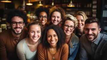 retrato de sonriente negocio personas en un café tienda. ellos son mirando a cámara y sonriente. generativo ai. foto