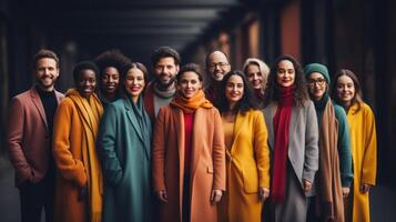 Multiethnic group of young people in coats and scarves standing together. Generative AI. photo